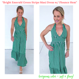 Bright Emerald Green Stripe Halter Maxi Dress with Flounce Hem