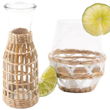 White & Tan Rattan Tumbler Glasses & Carafe (or Vase!)