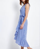 Royal Blue and White Gingham Midi Dress with Tie Waist