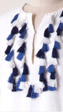 White Short Sleeve Shift Dress with Blue Contrast Tassels & Hook & Eye Front Closure & Keyhole Back