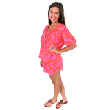 Pink & Coral Puff Sleeve Hibiscus Short SET