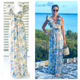 Designer Inspired Floral Cutout Maxi Dress with Structured Ruffle Sleeves & Open Back