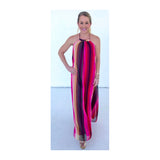 Fuchsia Stripe Pleated Halter Maxi Dress