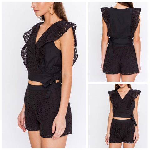 Black Eyelet Matching Set with Tie Waist & Flutter Sleeves