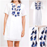 White Short Sleeve Shift Dress with Blue Contrast Tassels & Hook & Eye Front Closure & Keyhole Back