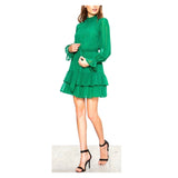 Emerald Green Ruffle Hem Flare Dress with Smocked Ruffle Neck, Semi Sheer Bell Sleeves & Keyhole Back