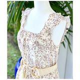Ivory Floral Linen Flutter Sleeve Dress with Bamboo Woven Belt