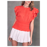 Deep Coral Pleated Ruffle Sleeve Top with Smocked Waist & Keyhole Back