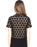 Black Crochet Lace Short Sleeve Top with Keyhole Back