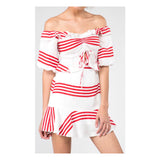 Cherry Red White Stripe Tie Front Ruffle Trim On OR Off the Shoulder A-Line Skater Dress