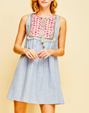 Blue Stripe Sleeveless Babydoll Dress with Tassel Tie