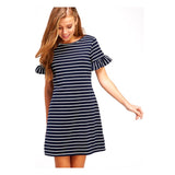 Navy White Stripe Ruffle Bell Sleeve Knit Shift Dress with Scoop Back