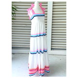 White Pink & Blue Candy Stripe Tie Shoulder Dress