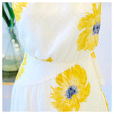 White Sunflower Print Swiss Dot Chiffon Hi-Lo Dress with Crisscross Flutter Back