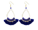 Royal Blue Teardrop Tassel Fringe Earrings with White Beads