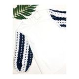 Winter White Knit Top with Navy & White Crochet Lace Puff Sleeves