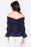 Navy Smocked Off the Shoulder Long Sleeve Top