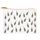 Toss Design White Pink & Green Champagne Bottle Handmade Oversized ZIP Pouch with Gold Bamboo Zipper