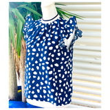 Navy & White Dot Flutter Sleeve Top with White Neck Contrast