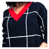 Navy or Black & White Windowpane Sweater with Red Contrast Hem