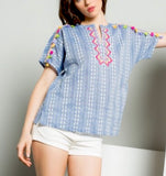 Blue Short Sleeve Tunic with Pink Embroidery and Tassels  - FINAL SALE -