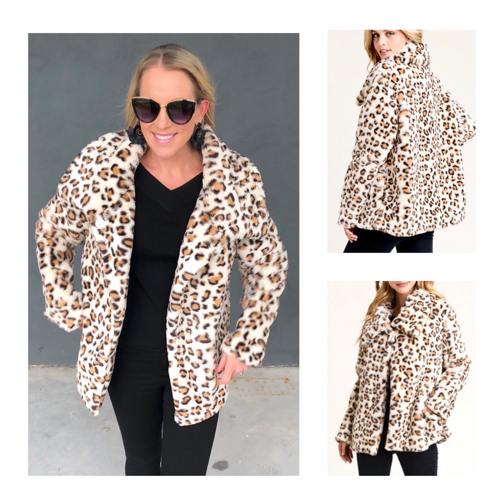 Ivory Leopard Print Faux Fur Swing Jacket with Oversized Basic Collar ...