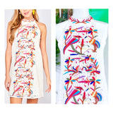 White Crochet Lace Embroidered Birds of Paradise Halter Dress with Bow Back