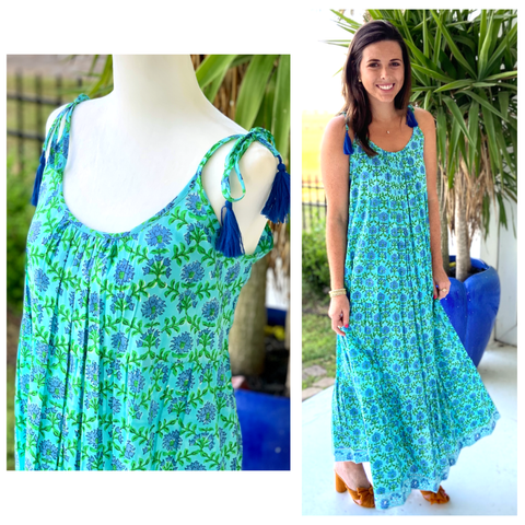 Hydrangea Block Print Tiered Maxi Dress