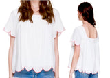 White Scallop Trim Short Sleeve Top with Magenta Embroidery