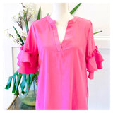 Bubblegum Pink Ruffled Bell Sleeve Textured Shift Dress with Tassel Trim