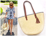 Straw Tote with Faux Leather Tassel & Blue White Nautical Stripe Contrast Straps