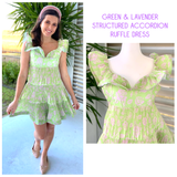 Green & Lavender Structured Accordion Ruffle Dress