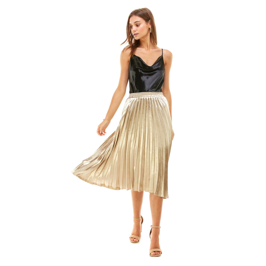 Gold Shiny Pleated Long Skirt with Side Pockets | Cercis