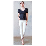 Black Puff Sleeve Shirred Peplum Top with Double Bow Back