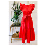 Red Flutter Sleeve Button Down Midi Dress with Tiered Ruffle Hem, Pockets & Optional Belt Sash
