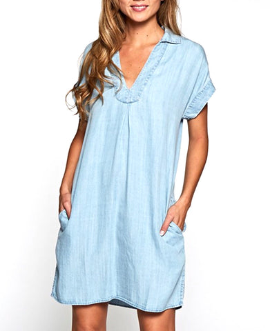 Chambray V-Neck High Low Shirt Dress with Pockets