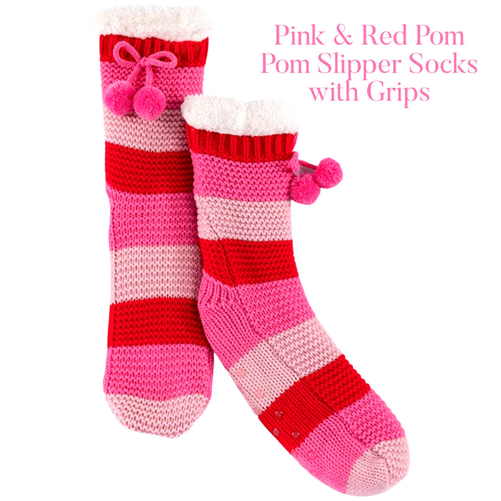 Pink & Red Pom Pom Slipper Socks with Grips - James Ascher