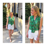 Light Emerald Green Button Down Floral Print Blouse with Self Tie Bow Tie