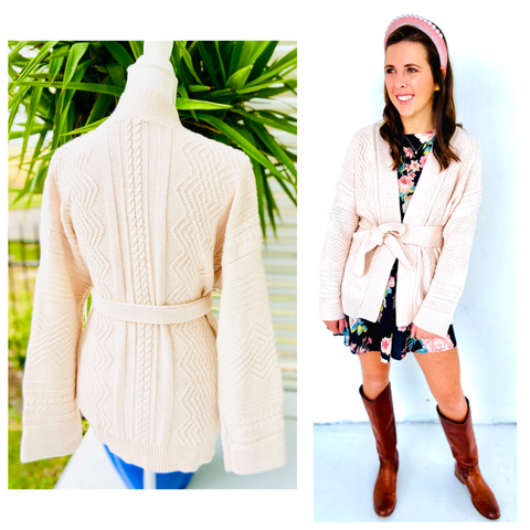 Ivory CASHMERE BLEND Hand Knitted Belted Cardigan