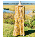 Designer Inspired Mustard & Black Floral Ruffle Trim Puff Sleeve Maxi Dress