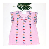 Pink White Stripe Embroidered Flutter Sleeve Top with Wispy Hem