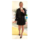 Black Shimmer Pleated Tier Dress with Cinched Ruffle Dolman Sleeves & Smocked Waist