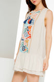 Taupe Embroidered Sleeveless Dress with Flutter Hem and Tassel Tie