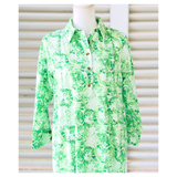 Green & Ivory Leaf Print Button Front Collared Dress