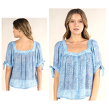 Baby Blue & White Bow Sleeve Button Down Square Neck Blouse