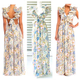 Designer Inspired Floral Cutout Maxi Dress with Structured Ruffle Sleeves & Open Back