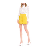 Off White Lace Button Down Top with Chiffon Ruffle Neck  & Sleeve Hem Contrast