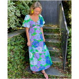 Purple Hydrangea Print Puff Sleeve Jardin Dress with Smocked Tie Back