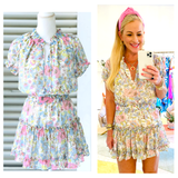 Designer Inspired Blue Pink Green Floral Ruffle High Low Hem Puff Sleeve Chiffon Dress