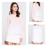 Petal Pink Knit Poplin Sweater with Shirttail Placket & Pleated Shirred Back Contrast